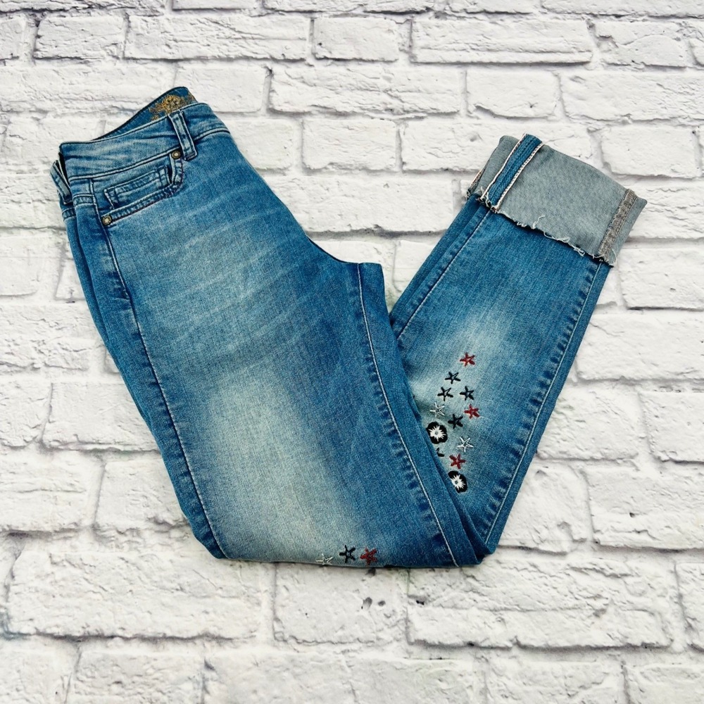 Desigual Womens Blue Embroidered Skinny Crop Jeans Size 0 Boho Floral